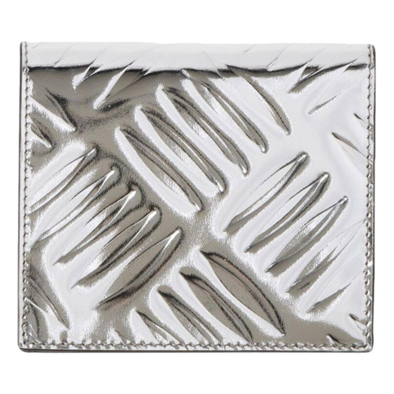 Prada Spazzolato Foldover Card Wallet Metallic Silver Embossed Leather available at Queen Bee of Beverly Hills