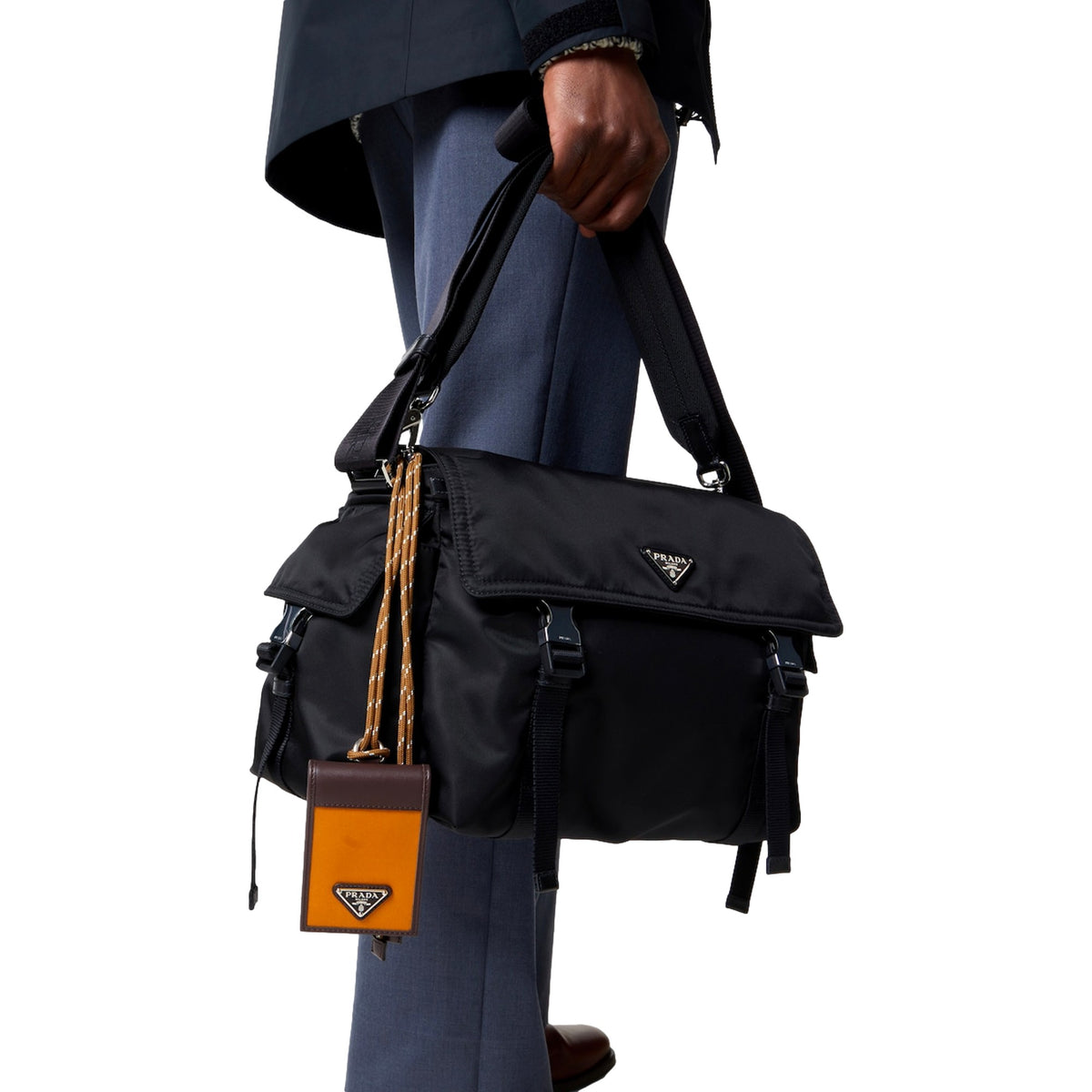 Prada Speedrock Orange Re-Nylon Leather Card Holder with Strap - available at Queen Bee of Beverly Hills. 