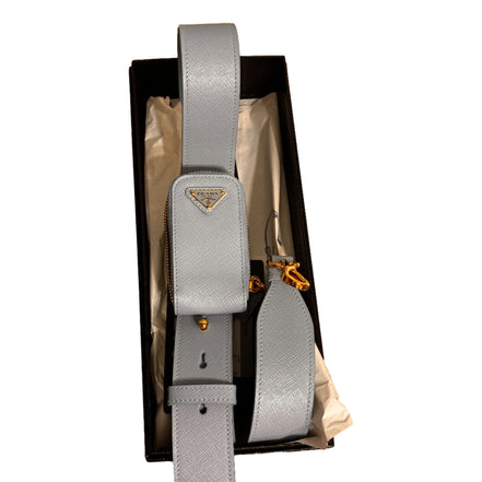 Prada Saffiano Leather Strap with Mini Pouch Celeste Blue Gold Hardware
