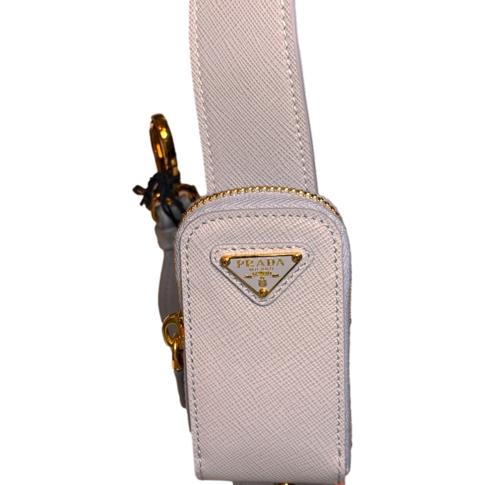 Prada Saffiano Leather Strap with Mini Pouch Celeste Blue Gold Hardware