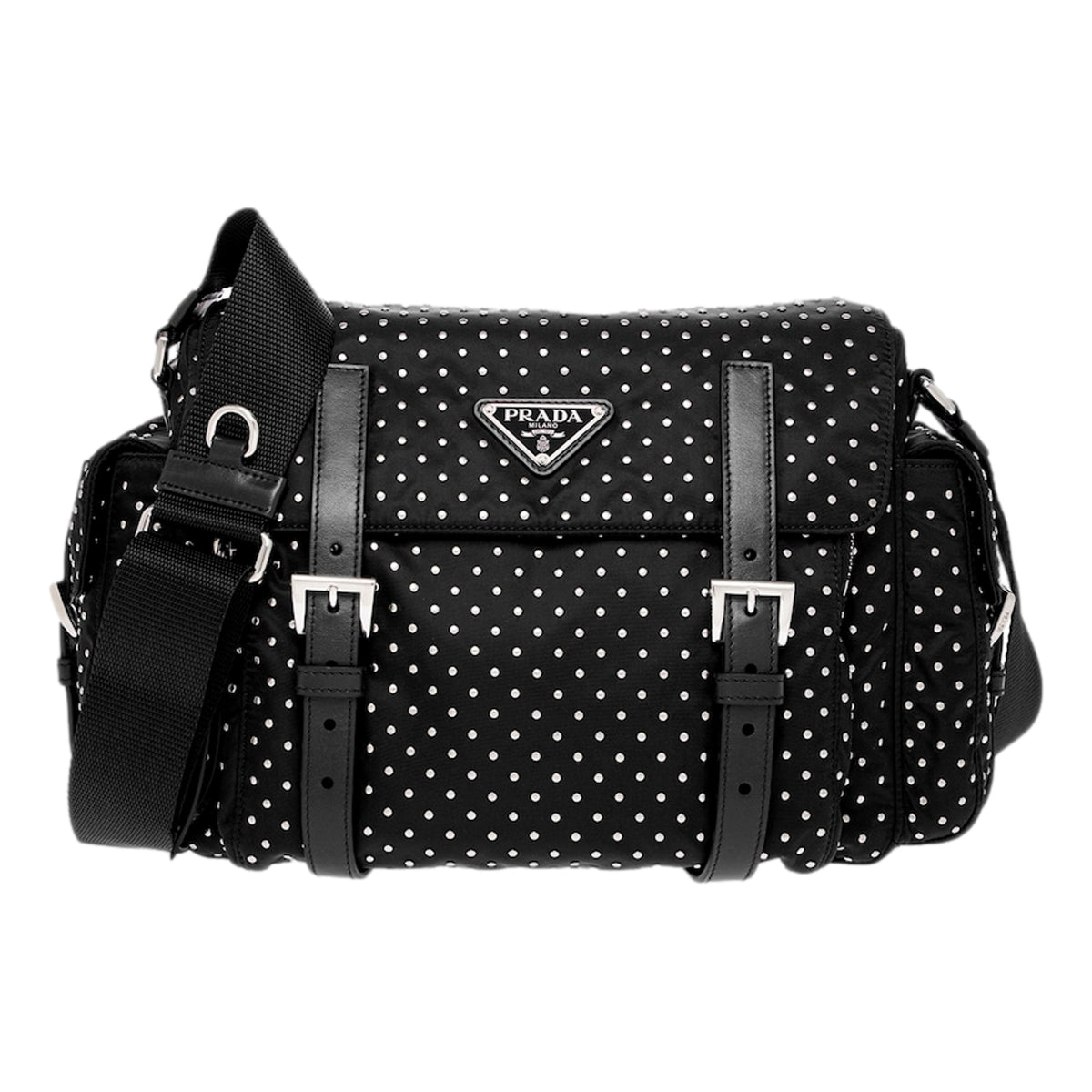 Prada Black Studded Re-Nylon Shoulder Bag with Silver Studs - available at Queen Bee of Beverly Hills. 