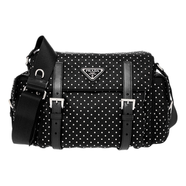 Prada Black Studded Re-Nylon Shoulder Bag with Silver Studs - available at Queen Bee of Beverly Hills. 