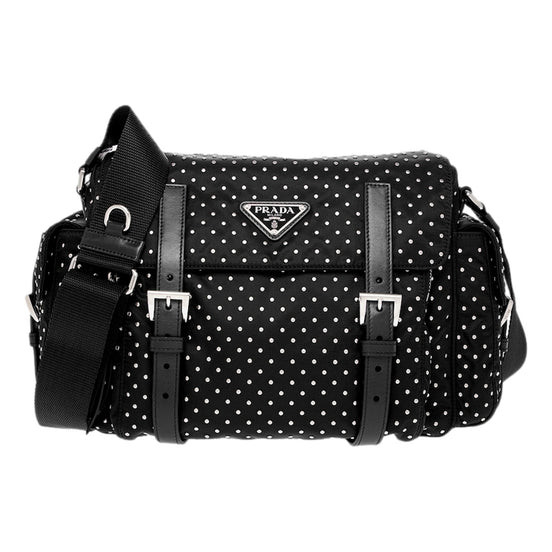 Prada Black Studded Re-Nylon Shoulder Bag with Silver Studs - available at Queen Bee of Beverly Hills. 