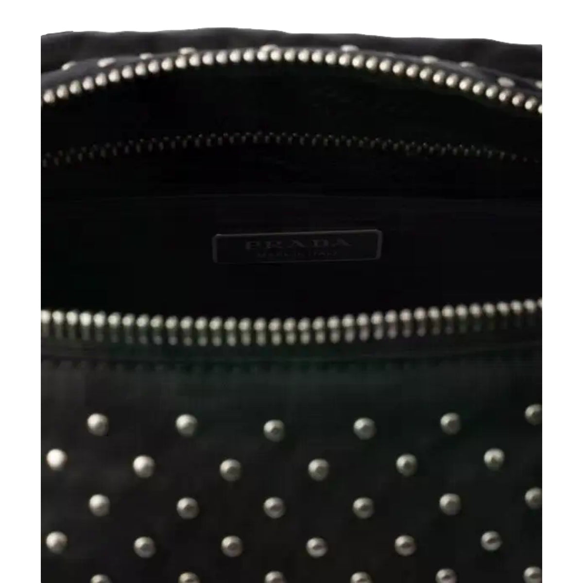 Prada Black Studded Re-Nylon Shoulder Bag with Silver Studs - available at Queen Bee of Beverly Hills. 