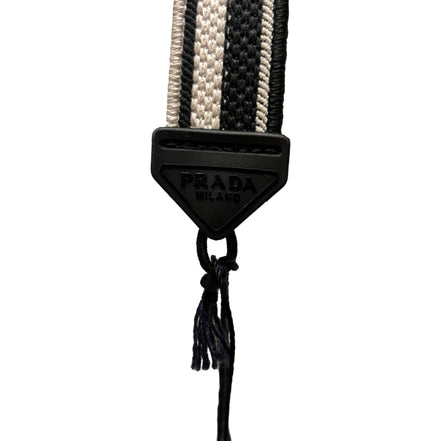 Prada Black and Talc White Woven Embroidered Logo Sunglasses Strap - available at Queen Bee of Beverly Hills. 