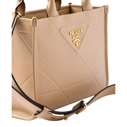 Prada Symbole Soft Calfskin Leather Sabbia Sand Triangle Quilted Mini Tote Bag available at Queen Bee of Beverly Hills