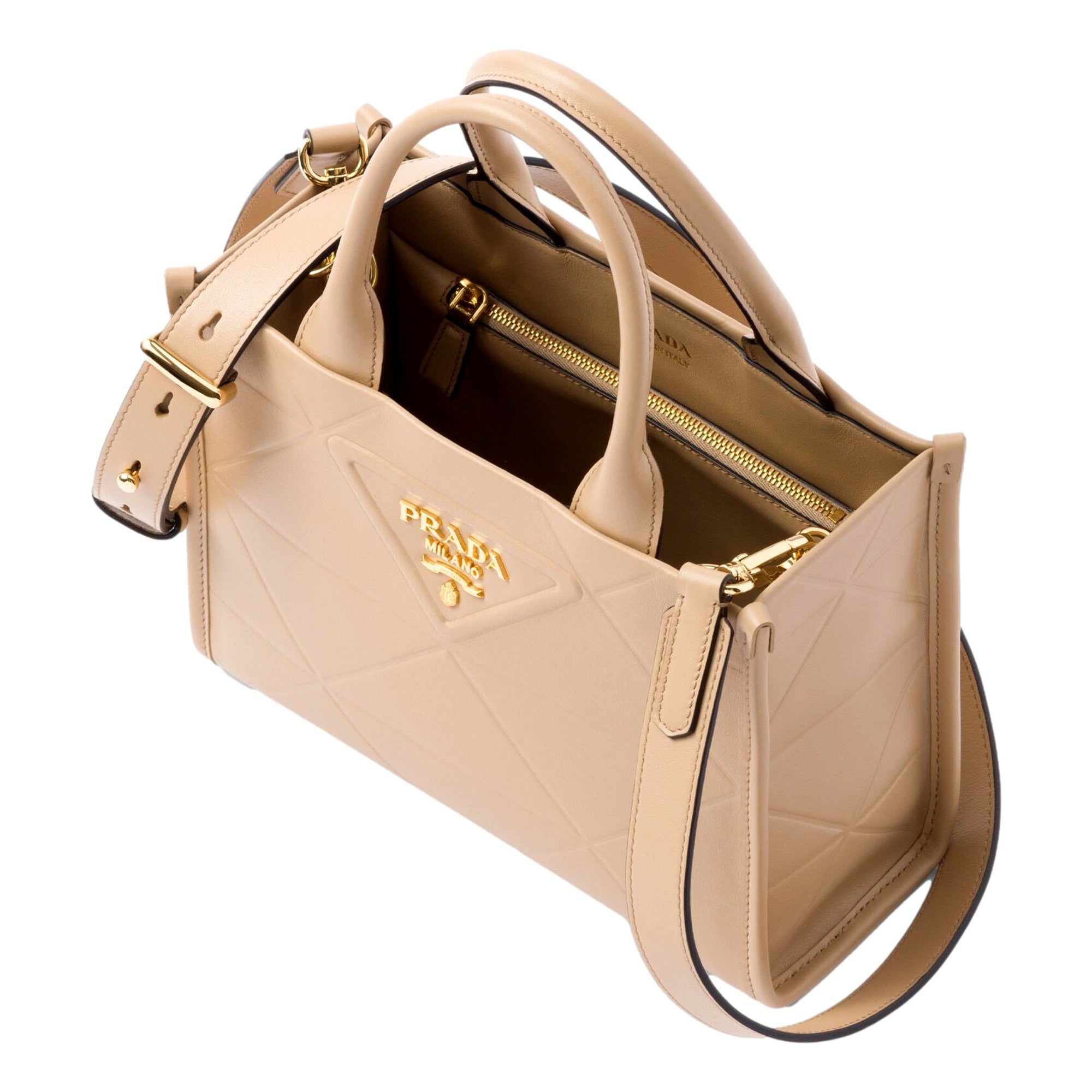 Prada Symbole Soft Calfskin Leather Sabbia Sand Triangle Quilted Mini Tote Bag available at Queen Bee of Beverly Hills