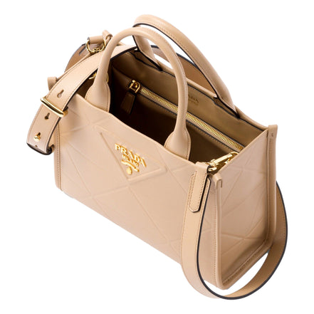 Prada Symbole Soft Calfskin Leather Sabbia Sand Triangle Quilted Mini Tote Bag available at Queen Bee of Beverly Hills