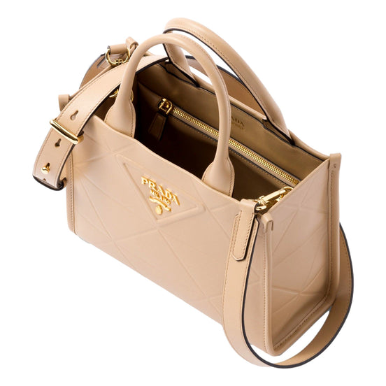 Prada Symbole Soft Calfskin Leather Sabbia Sand Triangle Quilted Mini Tote Bag available at Queen Bee of Beverly Hills
