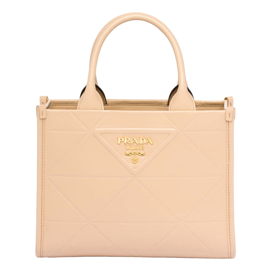 Prada Symbole Soft Calfskin Leather Sabbia Sand Triangle Quilted Mini Tote Bag available at Queen Bee of Beverly Hills
