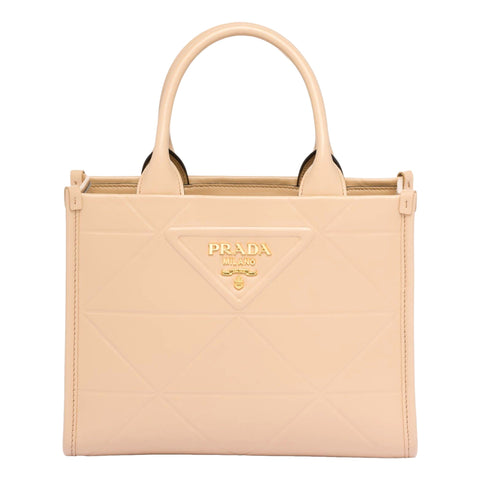 Prada Symbole Soft Calfskin Leather Sabbia Sand Triangle Quilted Mini Tote Bag available at Queen Bee of Beverly Hills