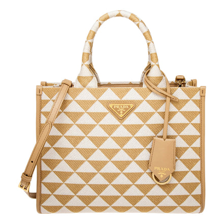 Prada Symbole Beige Chalk White Jacquard Small Tote Bag - available at Queen Bee of Beverly Hills. 