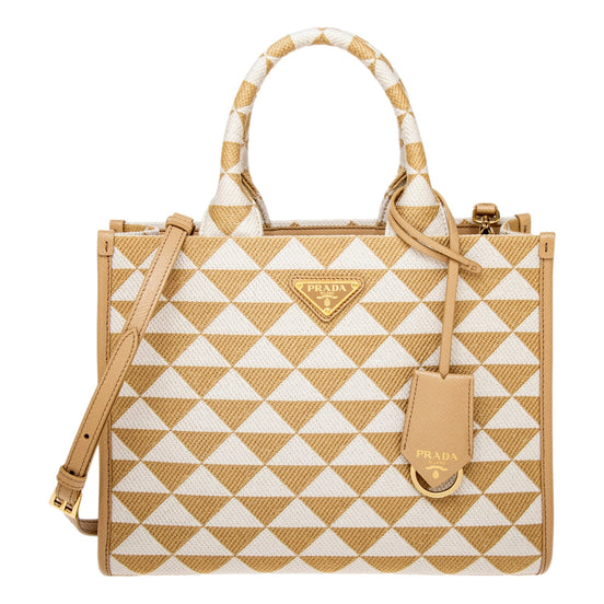 Prada Symbole Beige Chalk White Jacquard Small Tote Bag - available at Queen Bee of Beverly Hills. 