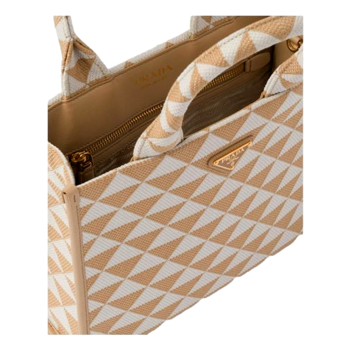 Prada Symbole Beige Chalk White Jacquard Small Tote Bag - available at Queen Bee of Beverly Hills. 