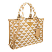 Prada Symbole Beige Chalk White Jacquard Small Tote Bag - available at Queen Bee of Beverly Hills. 