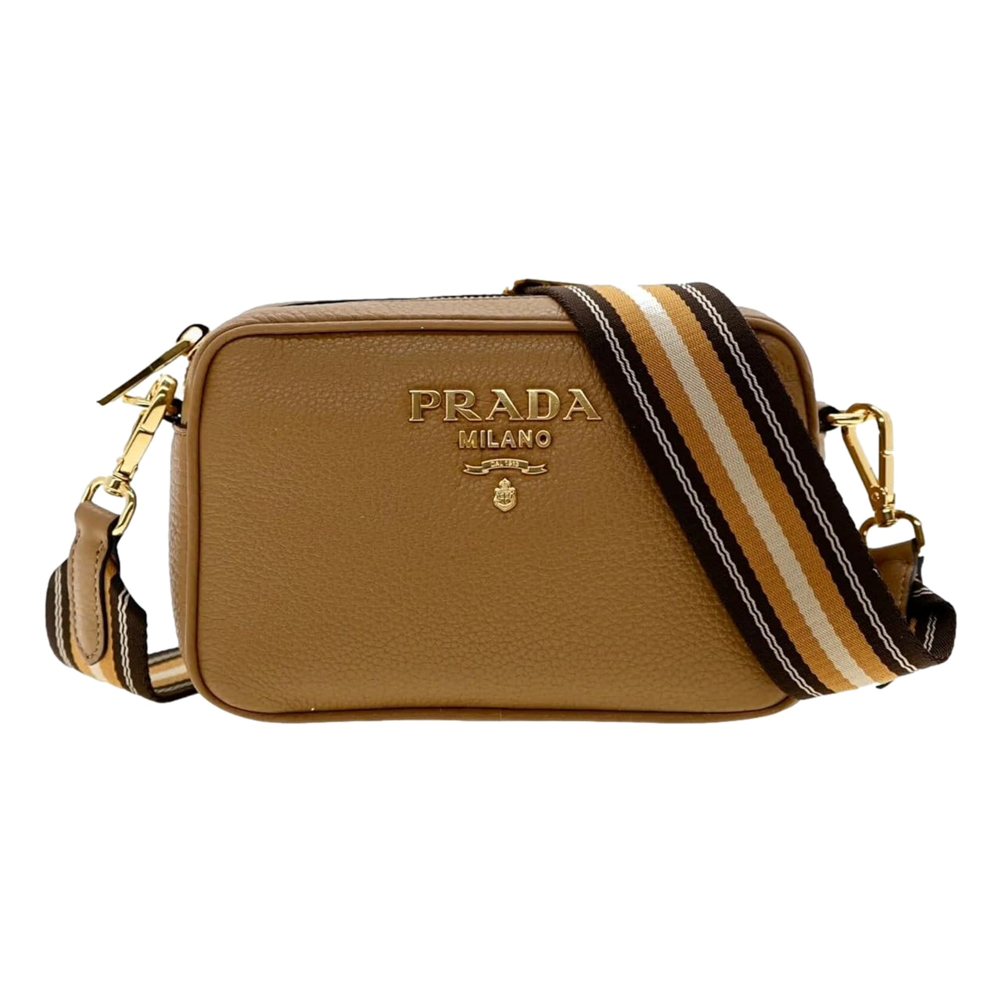 Prada Tan Caramel Leather Crossbody Bag Web Stripe Strap available at Queen Bee of Beverly Hills