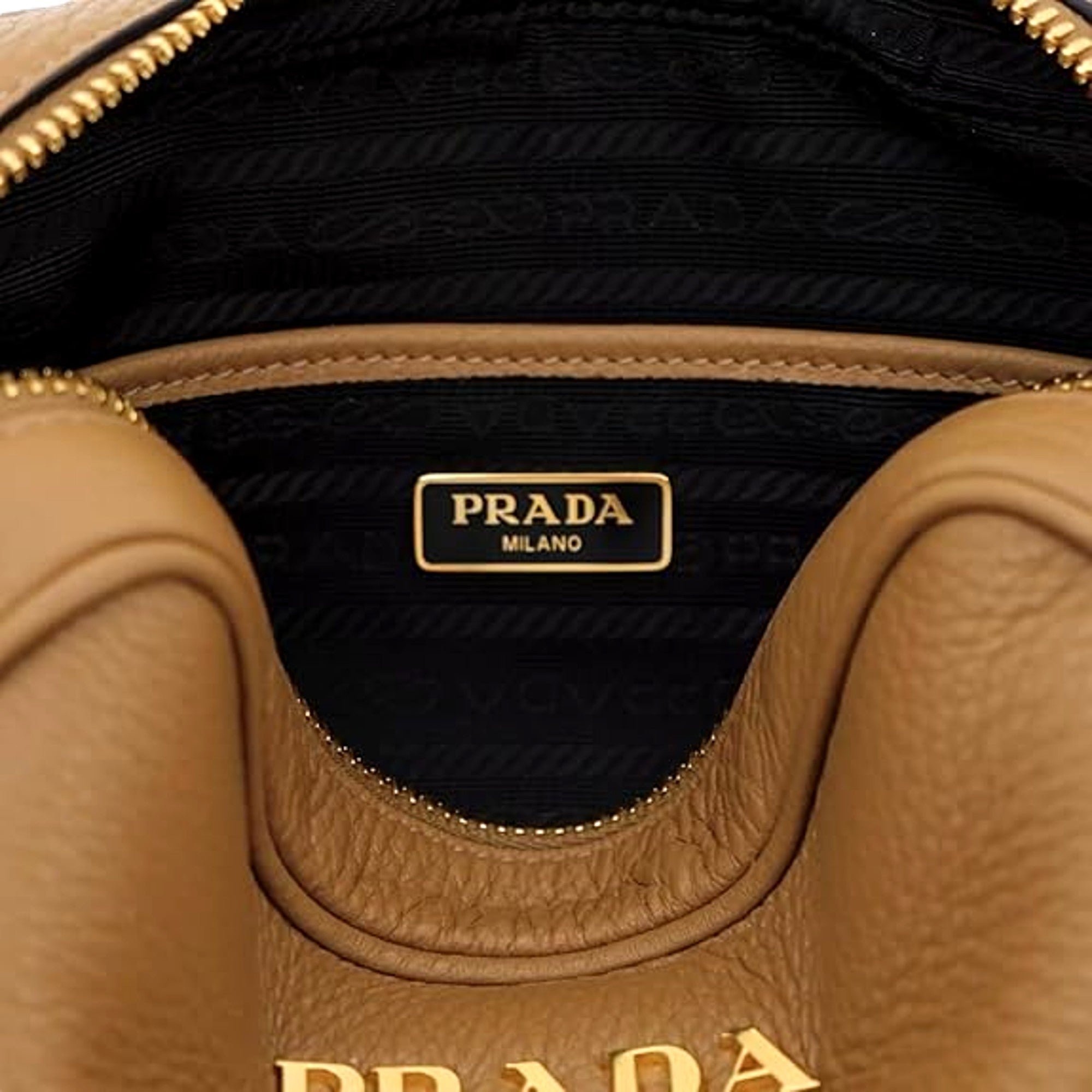 Prada Tan Caramel Leather Crossbody Bag Web Stripe Strap available at Queen Bee of Beverly Hills
