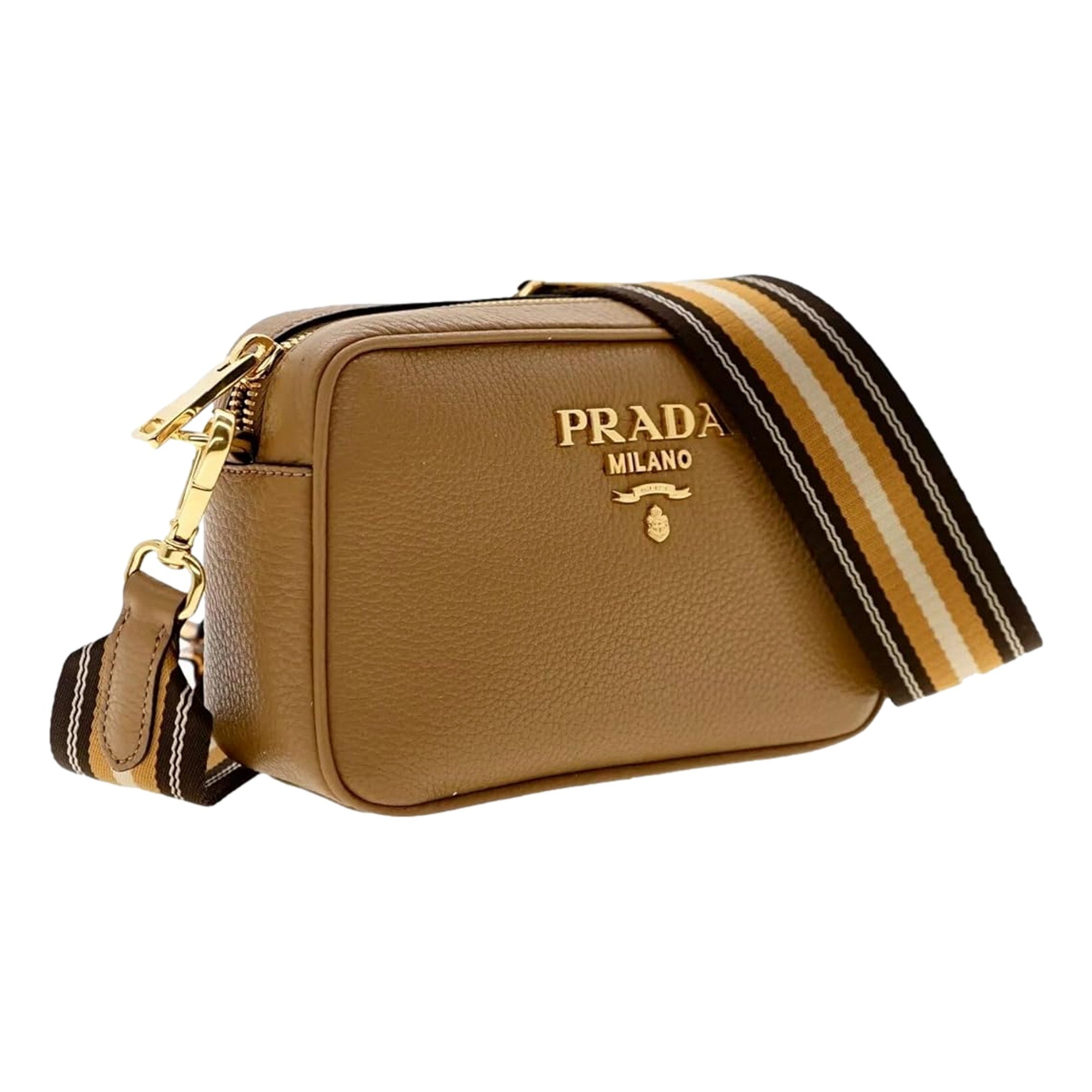 Prada Tan Caramel Leather Crossbody Bag Web Stripe Strap available at Queen Bee of Beverly Hills