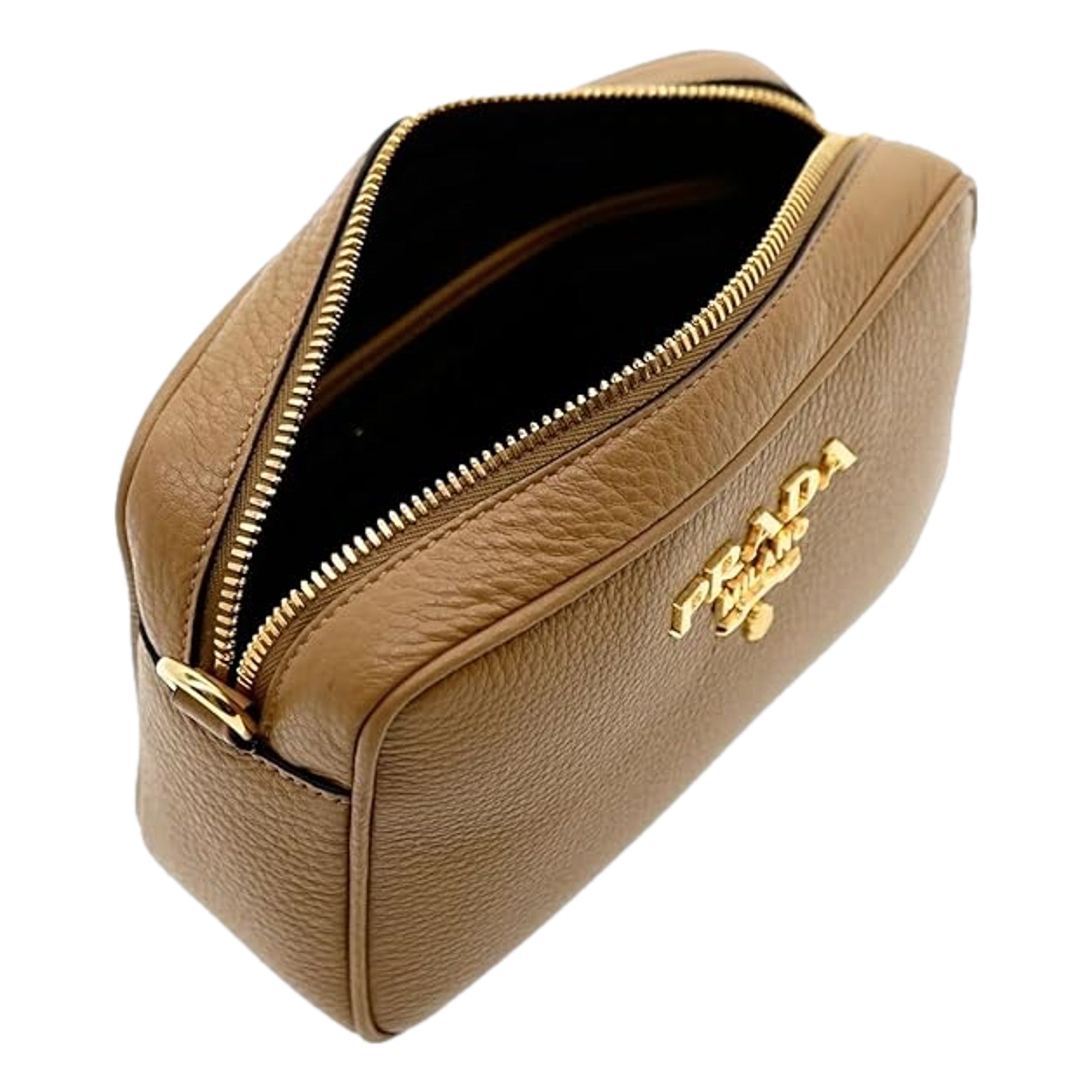 Prada Tan Caramel Leather Crossbody Bag Web Stripe Strap available at Queen Bee of Beverly Hills