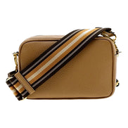Prada Tan Caramel Leather Crossbody Bag Web Stripe Strap available at Queen Bee of Beverly Hills