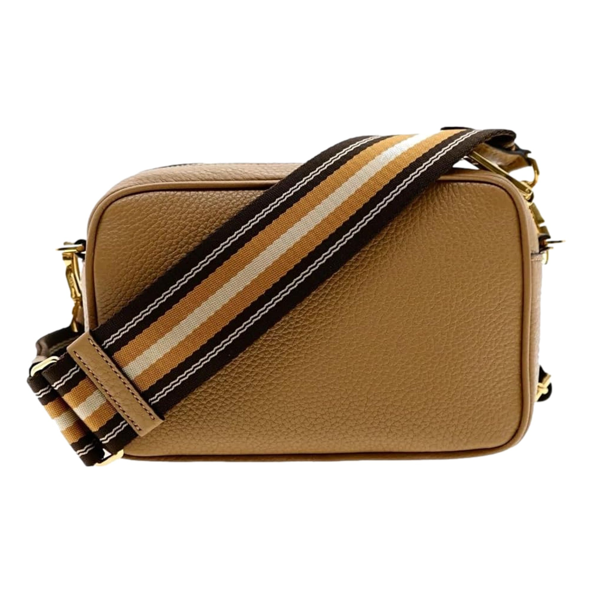 Prada Tan Caramel Leather Crossbody Bag Web Stripe Strap available at Queen Bee of Beverly Hills
