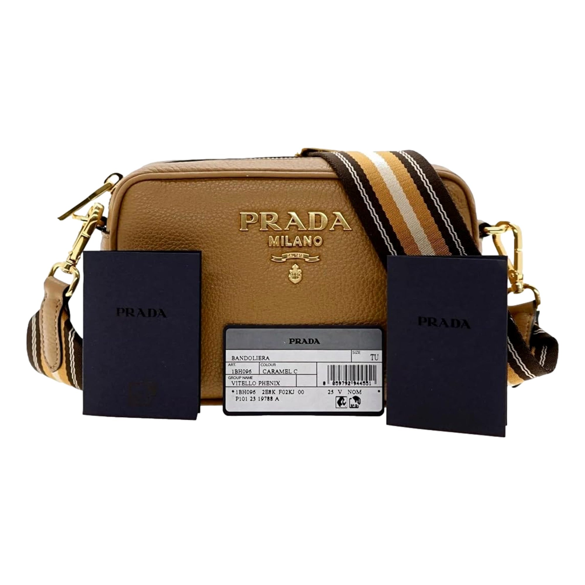 Prada Tan Caramel Leather Crossbody Bag Web Stripe Strap available at Queen Bee of Beverly Hills