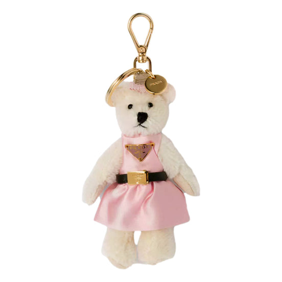 Prada Teddy Bear Cotton Mohair Bag Charm in White Pink - available at Queen Bee of Beverly Hills. 