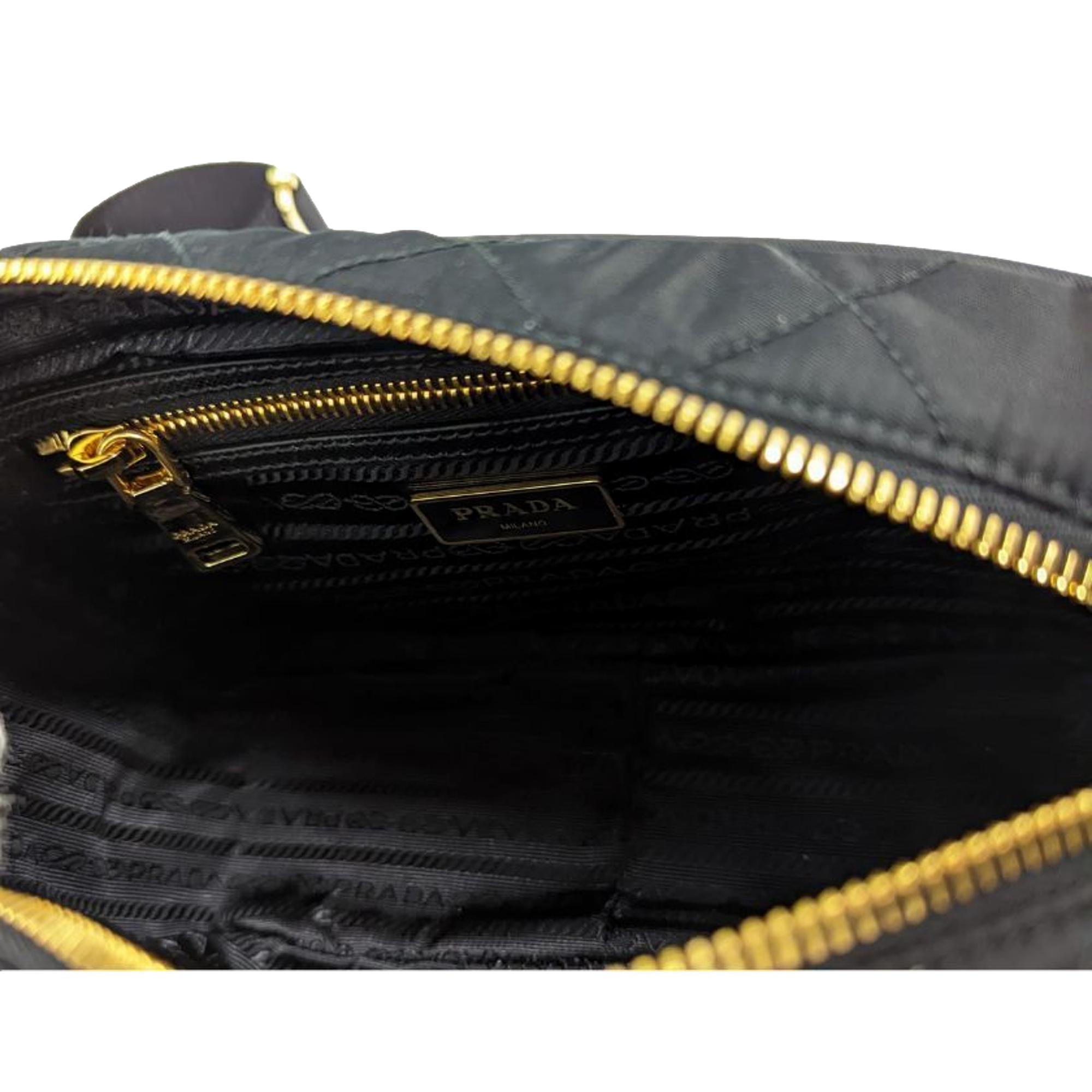Prada Tessuto Black Quilted Nylon Triangle Logo Camera Crossbody Bag available at Queen Bee of Beverly Hills