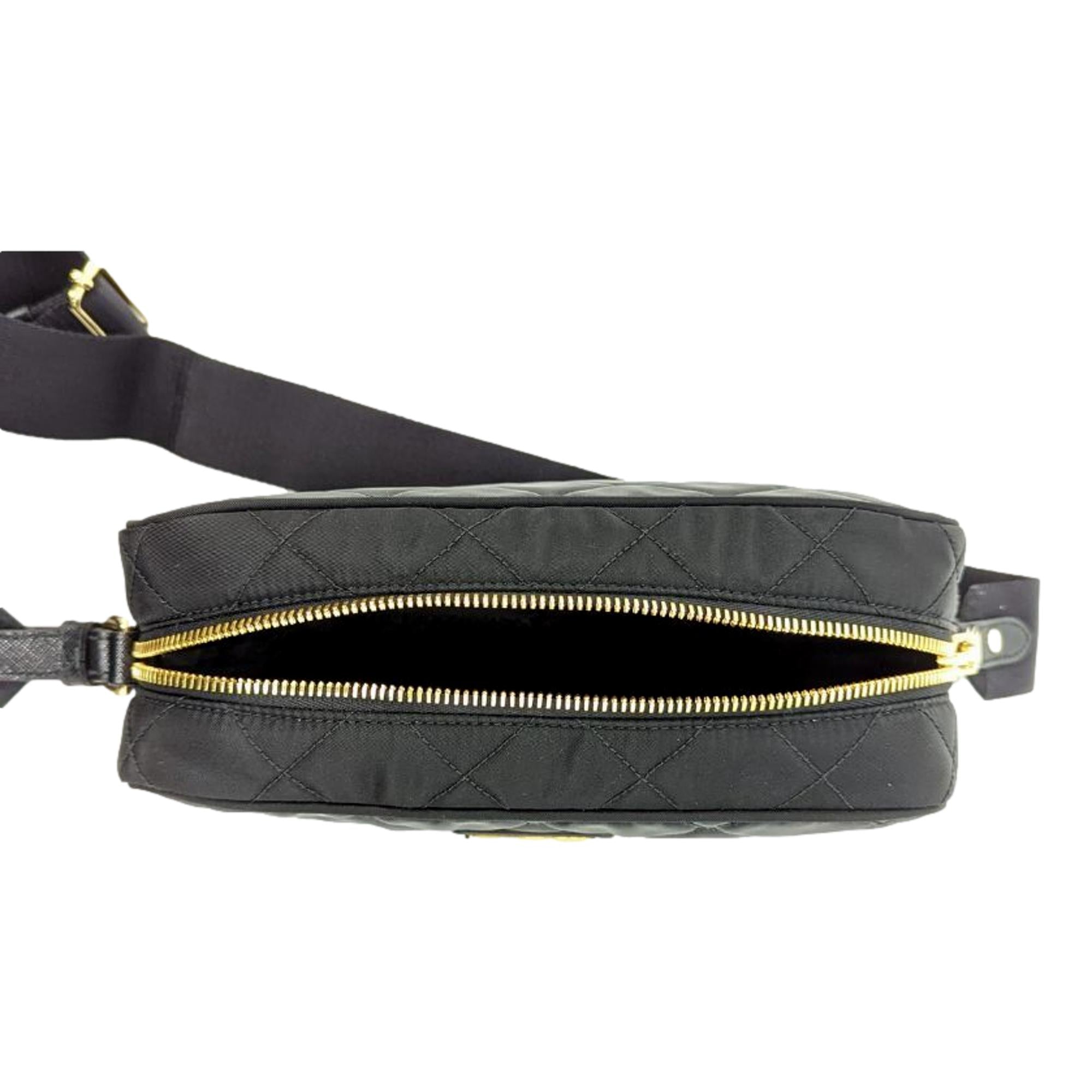 Prada Tessuto Black Quilted Nylon Triangle Logo Camera Crossbody Bag available at Queen Bee of Beverly Hills