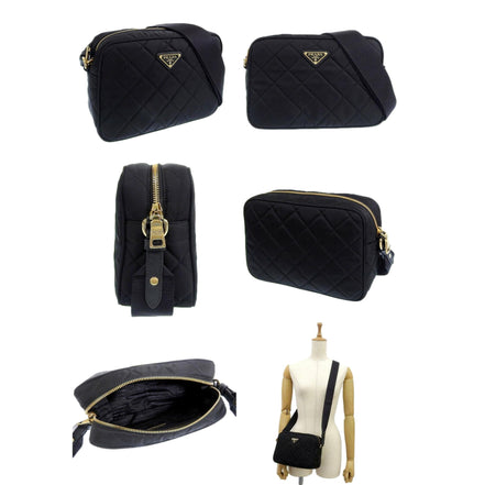 Prada Tessuto Black Quilted Nylon Triangle Logo Camera Crossbody Bag available at Queen Bee of Beverly Hills