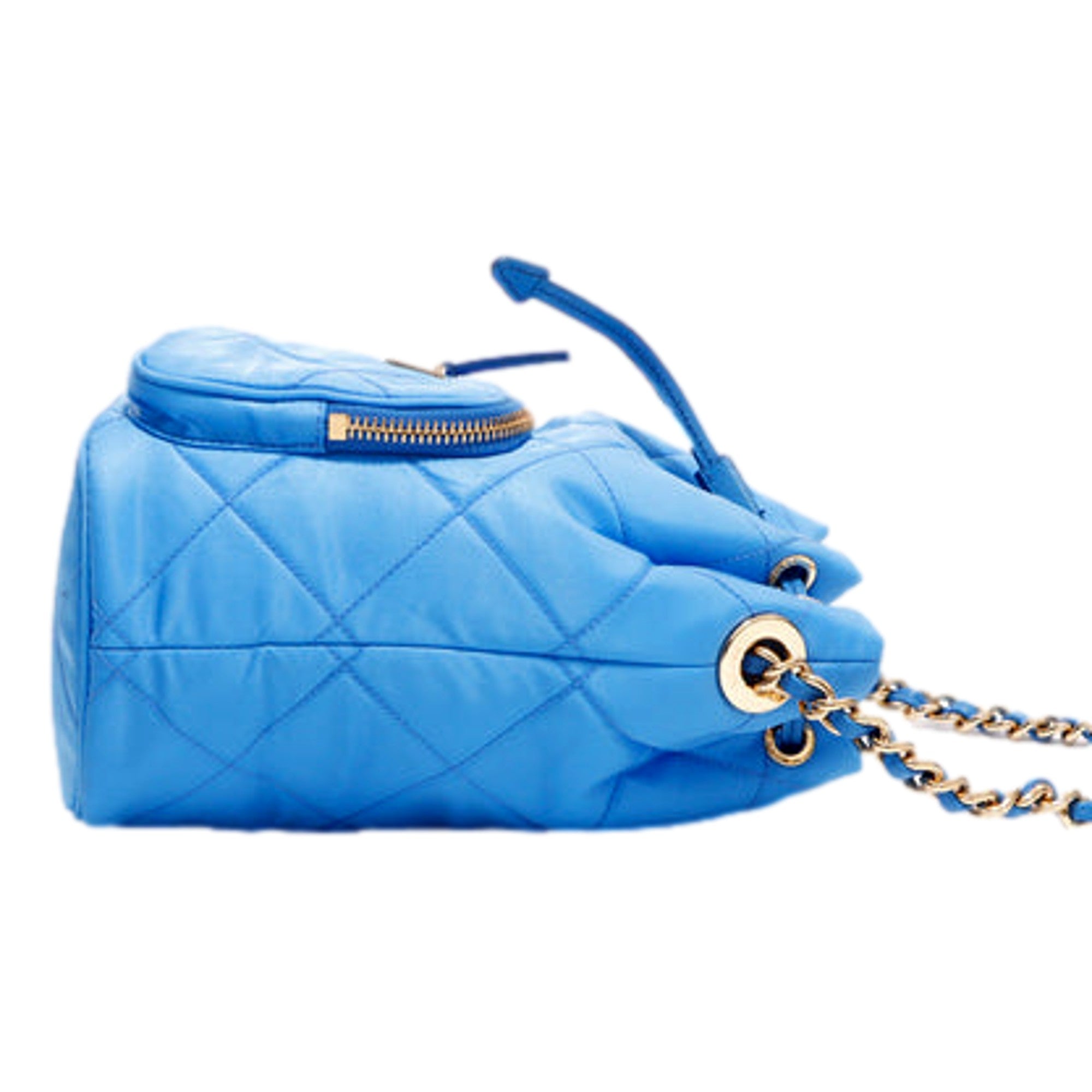 Prada Tessuto Nylon Pervinca Blue Duet Drawstring Quilted Bucket Bag available at Queen Bee of Beverly Hills