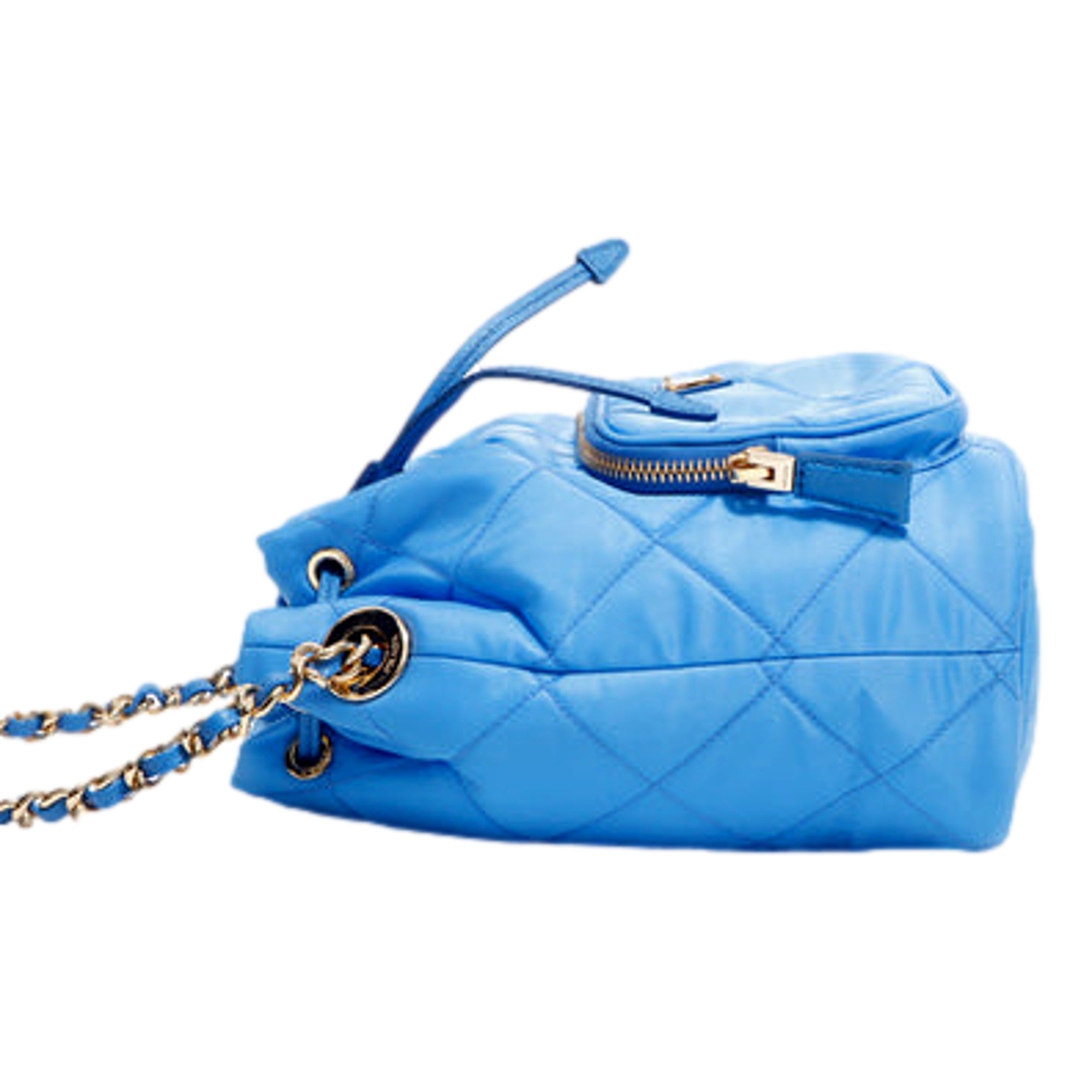 Prada Tessuto Nylon Pervinca Blue Duet Drawstring Quilted Bucket Bag available at Queen Bee of Beverly Hills