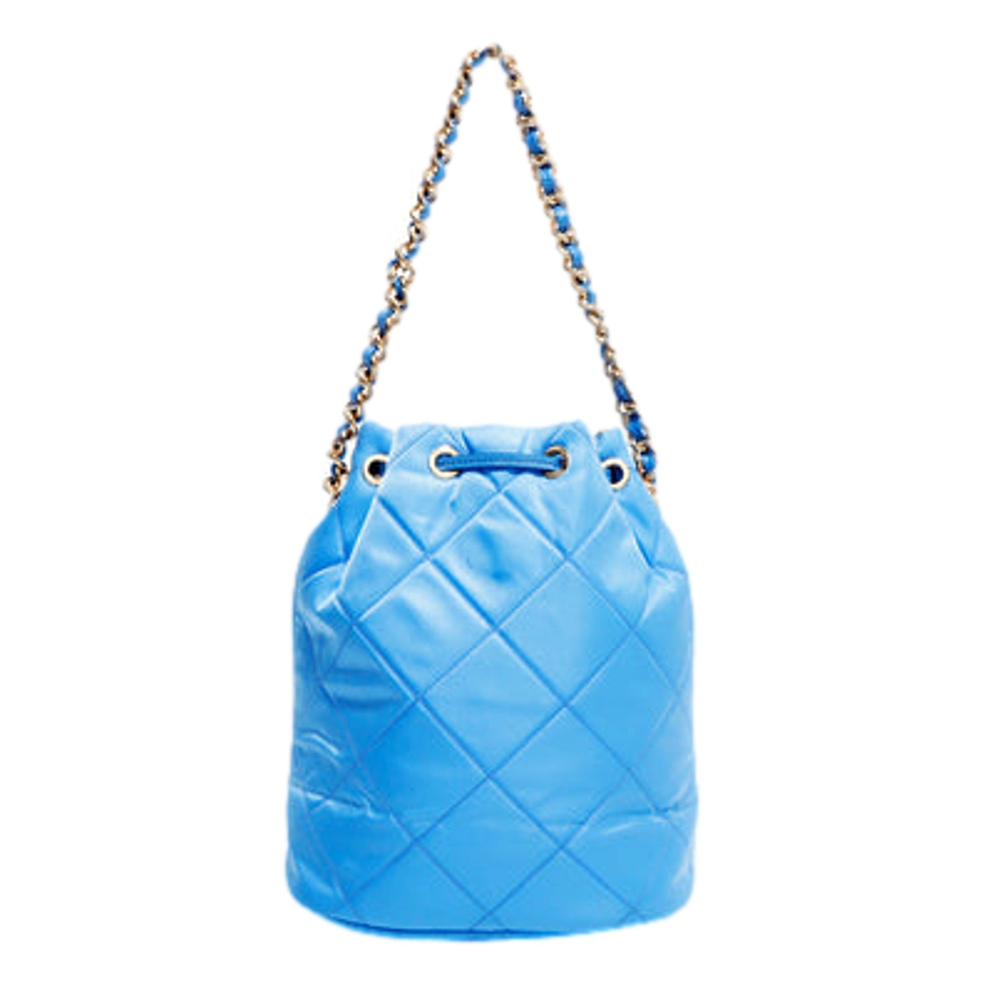 Prada Tessuto Nylon Pervinca Blue Duet Drawstring Quilted Bucket Bag available at Queen Bee of Beverly Hills