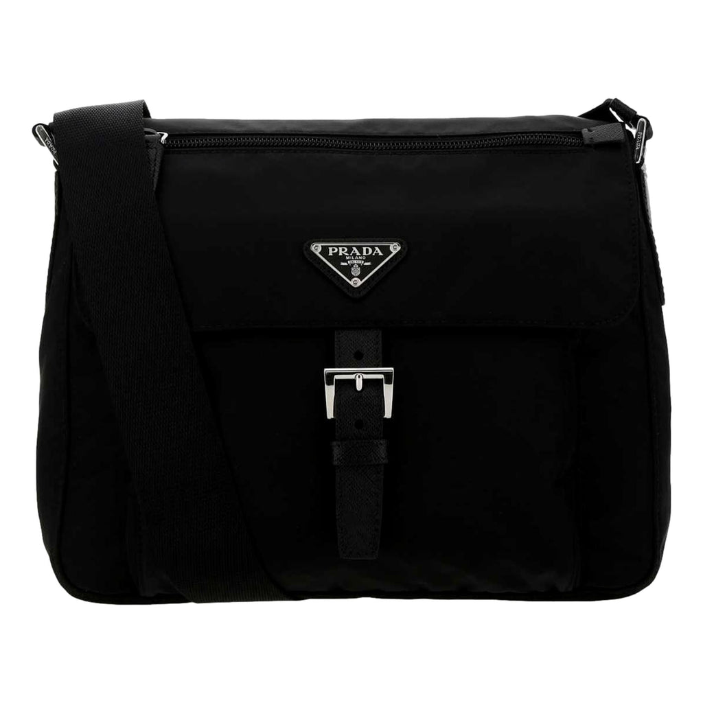 Prada Tessuto Nylon Saffiano Leather Black Messenger Bag 1BD994 at_Queen_Bee_of_Beverly_Hills