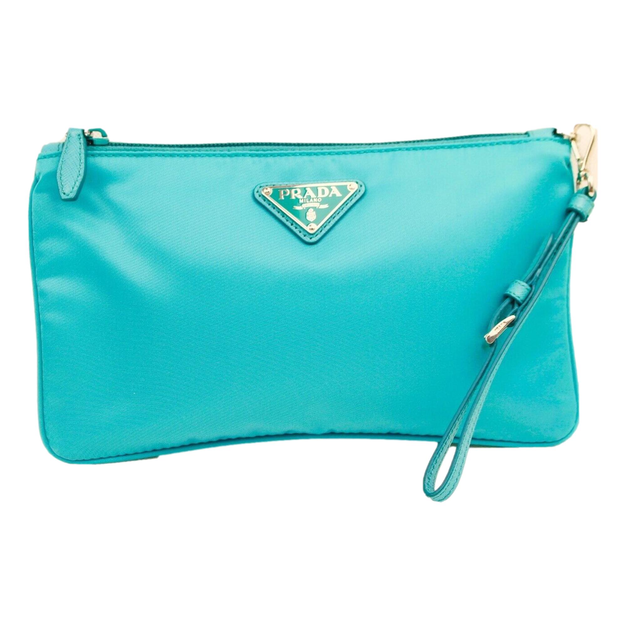 Prada Tessuto Turquoise Nylon Cosmetic Case Wristlet Clutch Bag available at Queen Bee of Beverly Hills