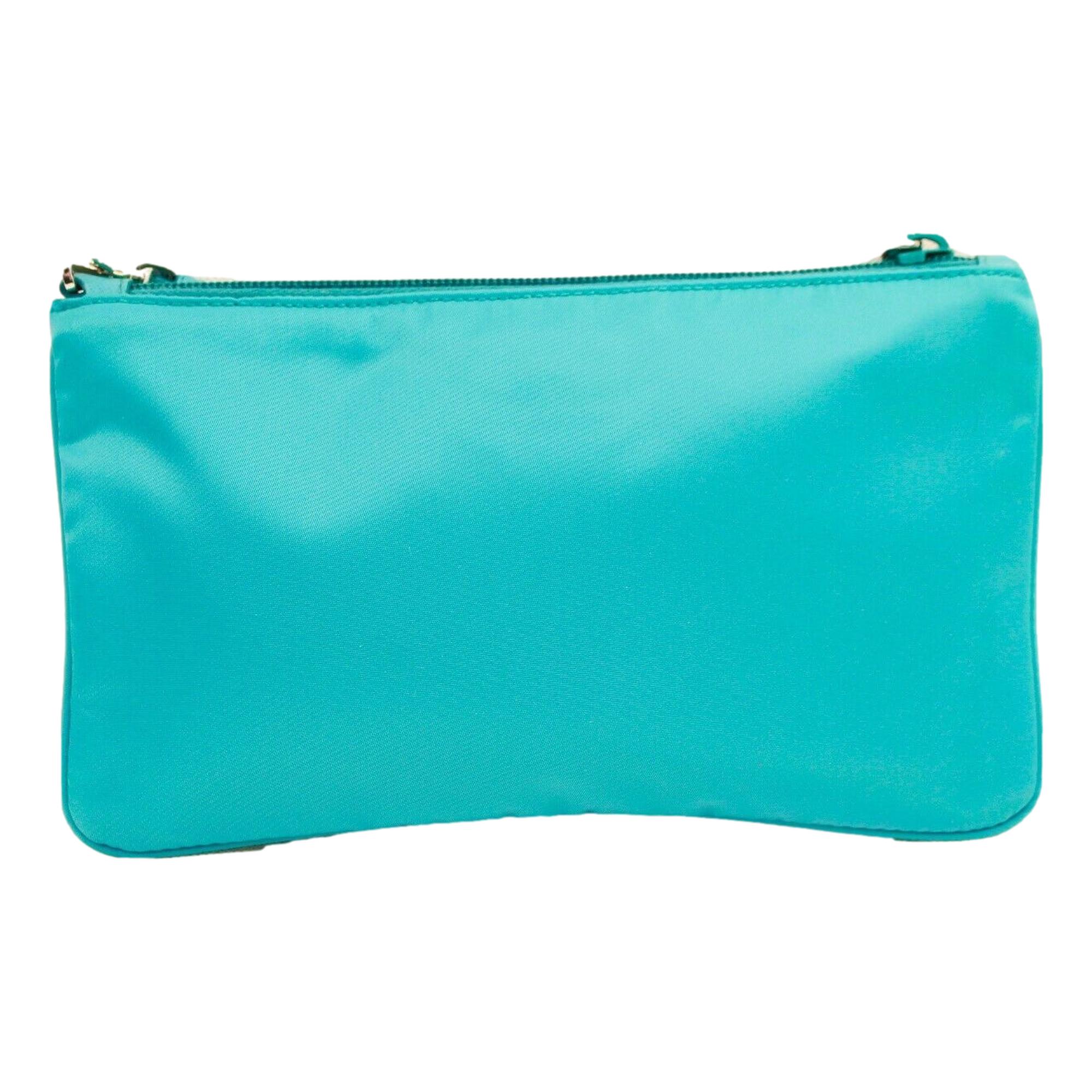 Prada Tessuto Turquoise Nylon Cosmetic Case Wristlet Clutch Bag available at Queen Bee of Beverly Hills