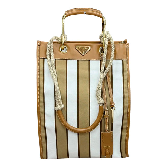 Prada Striped Canvas Tote Bag with Tan Leather Trim and Braided Rope Detail - available at Queen Bee of Beverly Hills. 