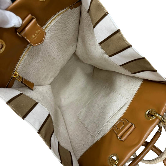 Prada Striped Canvas Tote Bag with Tan Leather Trim and Braided Rope Detail - available at Queen Bee of Beverly Hills. 