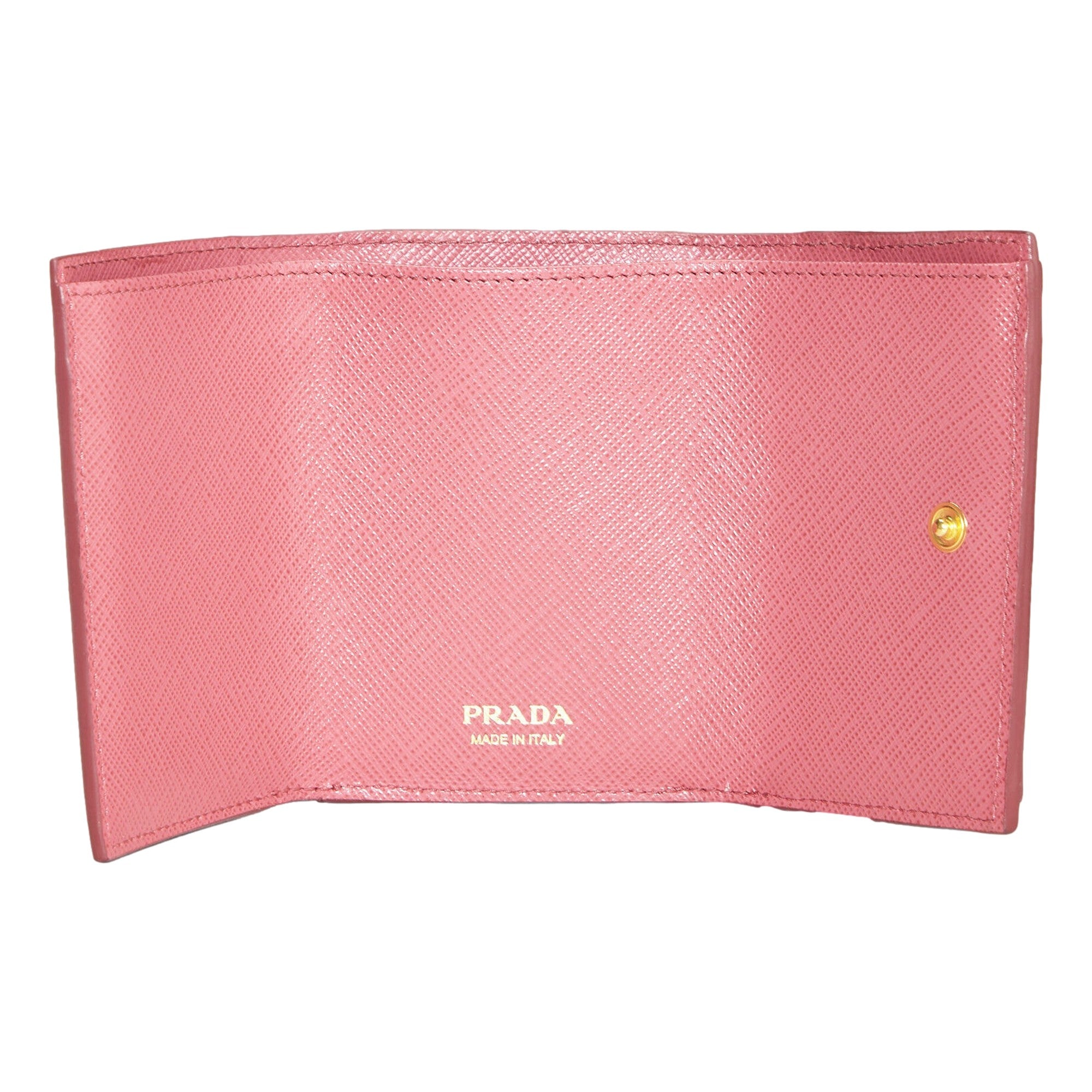 Prada Tri-Fold Saffiano Wallet Womens Pink Multicolor Gold Prada Logo available at Queen Bee of Beverly Hills
