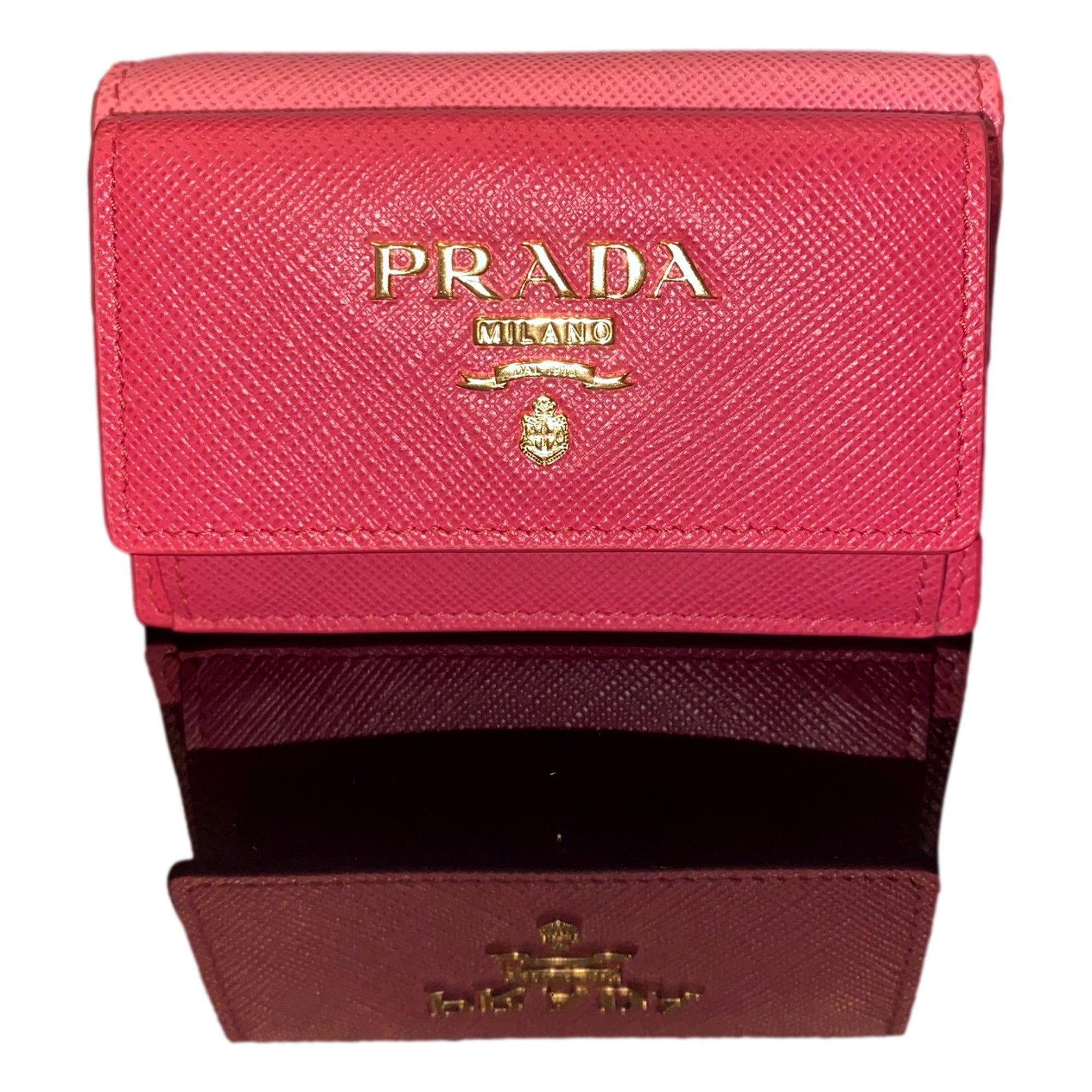 Prada Tri-Fold Saffiano Wallet Womens Pink Multicolor Gold Prada Logo available at Queen Bee of Beverly Hills