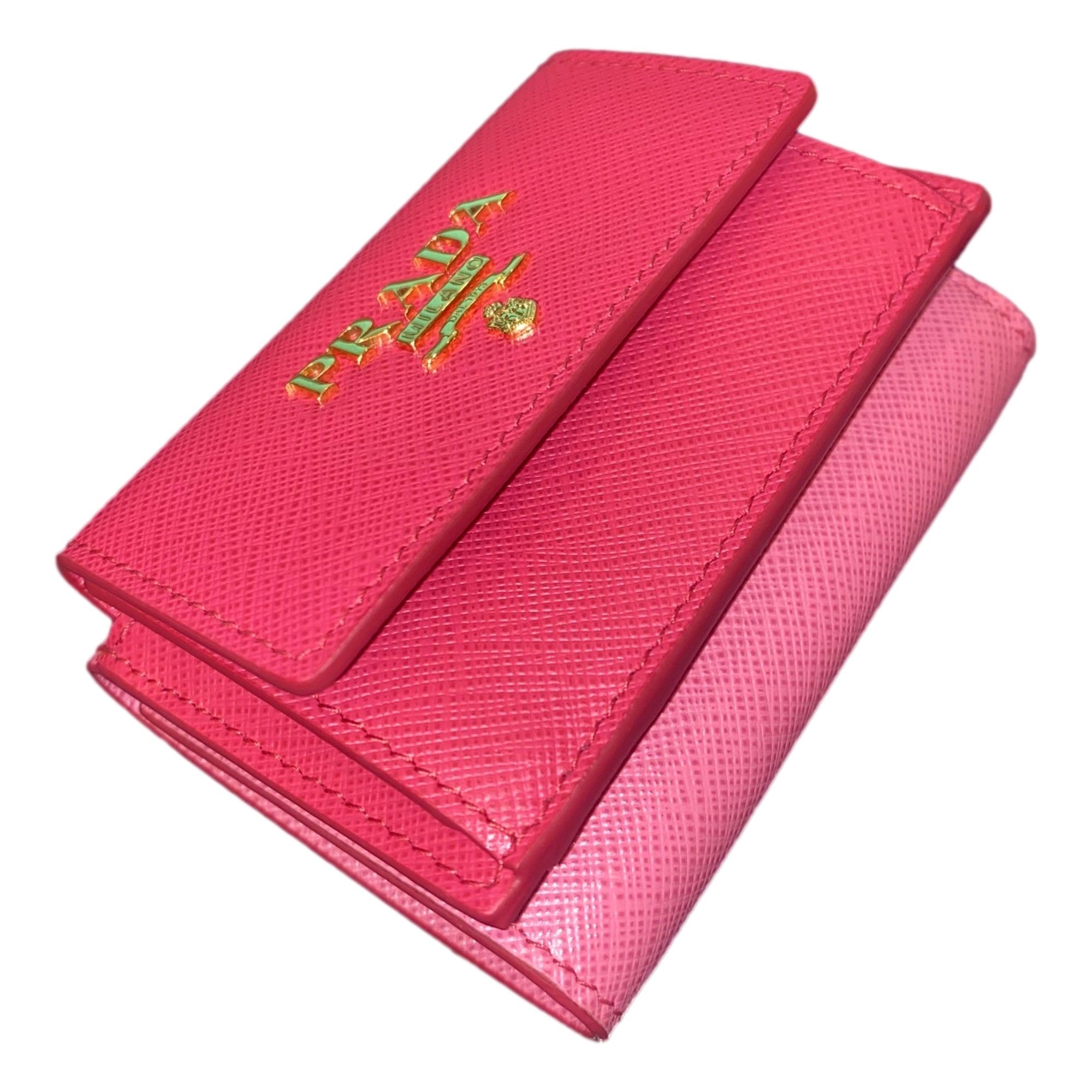 Prada Tri-Fold Saffiano Wallet Womens Pink Multicolor Gold Prada Logo available at Queen Bee of Beverly Hills