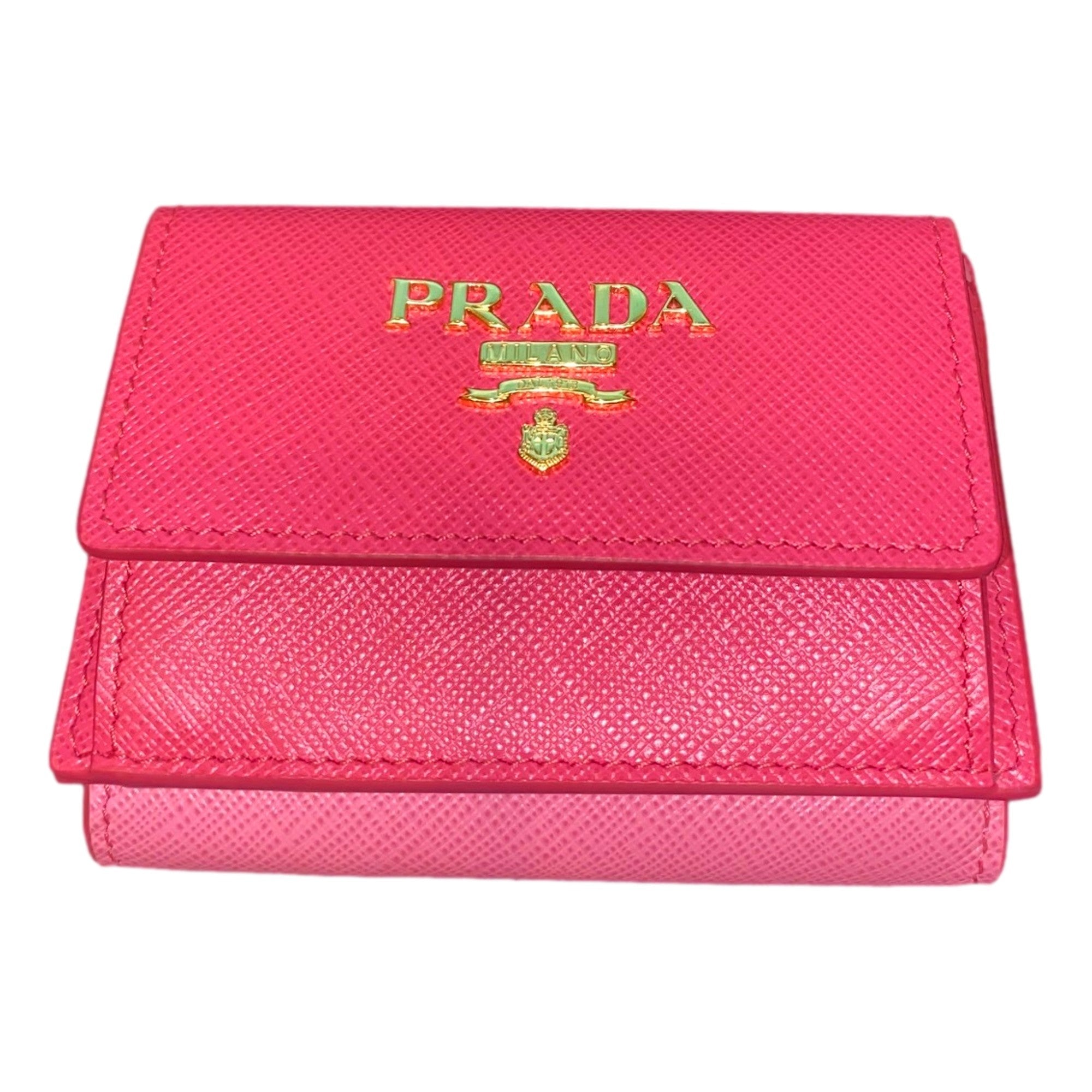 Prada Tri-Fold Saffiano Wallet Womens Pink Multicolor Gold Prada Logo available at Queen Bee of Beverly Hills