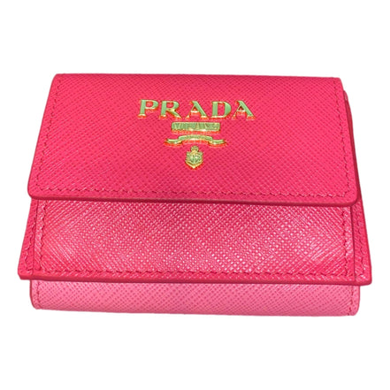 Prada Tri-Fold Saffiano Wallet Womens Pink Multicolor Gold Prada Logo available at Queen Bee of Beverly Hills