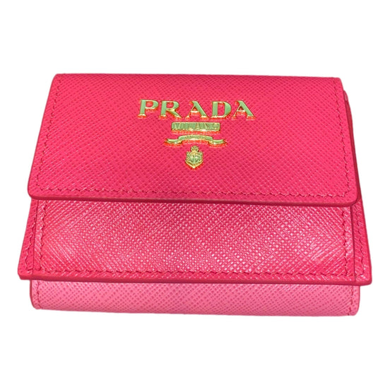 Prada Tri-Fold Saffiano Wallet Womens Pink Multicolor Gold Prada Logo available at Queen Bee of Beverly Hills