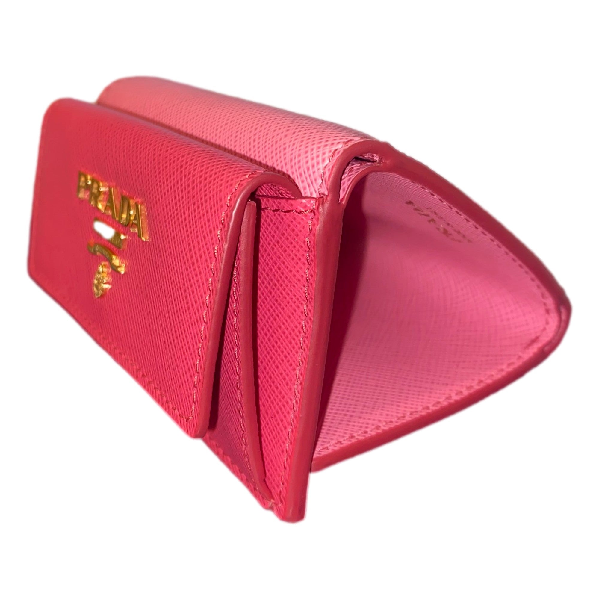 Prada Tri-Fold Saffiano Wallet Womens Pink Multicolor Gold Prada Logo available at Queen Bee of Beverly Hills