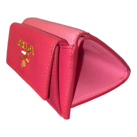 Prada Tri-Fold Saffiano Wallet Womens Pink Multicolor Gold Prada Logo available at Queen Bee of Beverly Hills