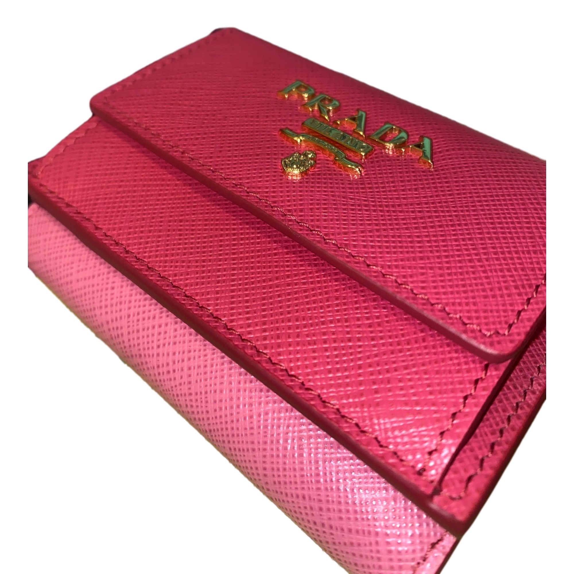 Prada Tri-Fold Saffiano Wallet Womens Pink Multicolor Gold Prada Logo available at Queen Bee of Beverly Hills