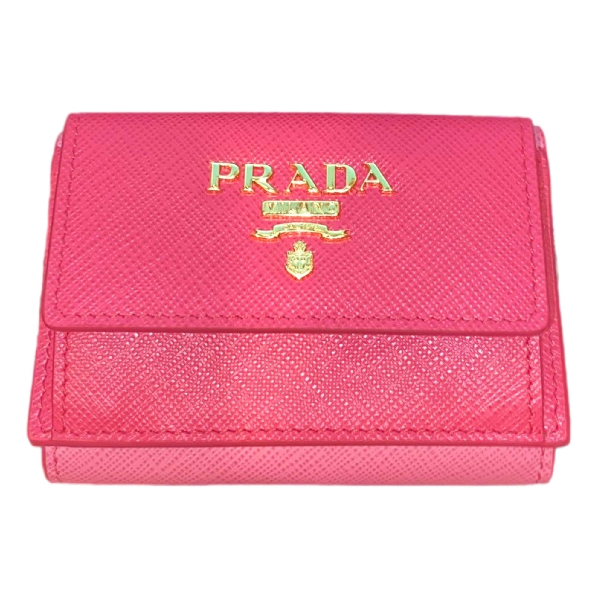 Prada Tri-Fold Saffiano Wallet Womens Pink Multicolor Gold Prada Logo available at Queen Bee of Beverly Hills