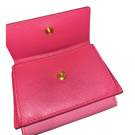 Prada Tri-Fold Saffiano Wallet Womens Pink Multicolor Gold Prada Logo available at Queen Bee of Beverly Hills