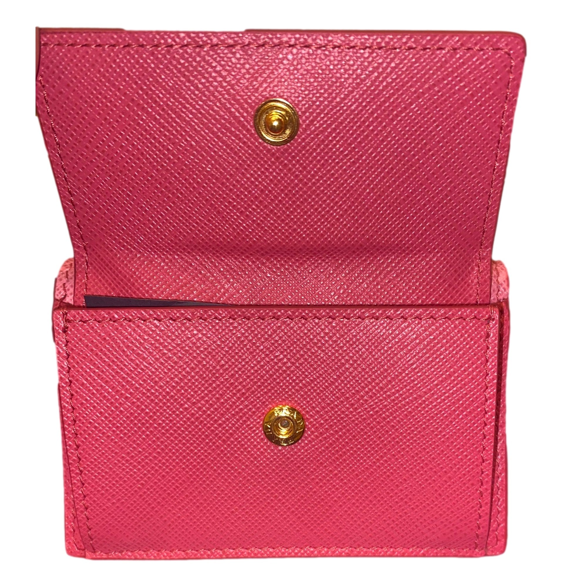Prada Tri-Fold Saffiano Wallet Womens Pink Multicolor Gold Prada Logo available at Queen Bee of Beverly Hills